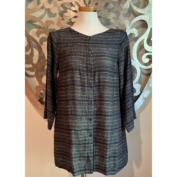 Eileen Fisher Tunic Collarless Button Pockets Navy Cotton Elastene Acrylic SMALL - Picture 1 of 8